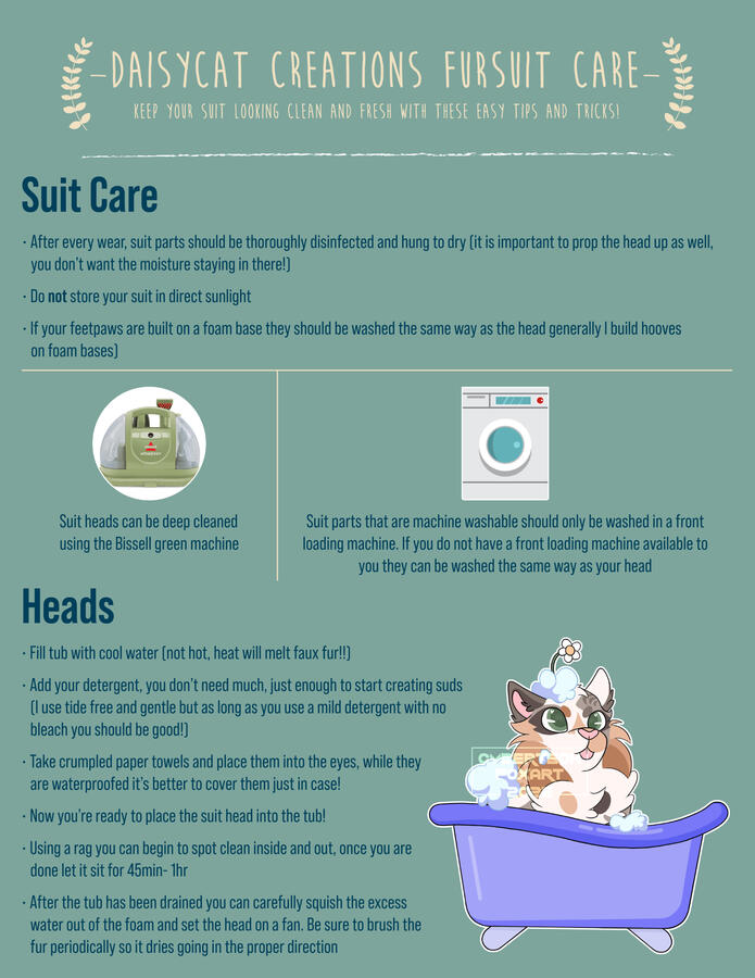 Along with the business cards, Daisycat commissioned me to make a fursuit care guide they can send with their suites. This is the front.